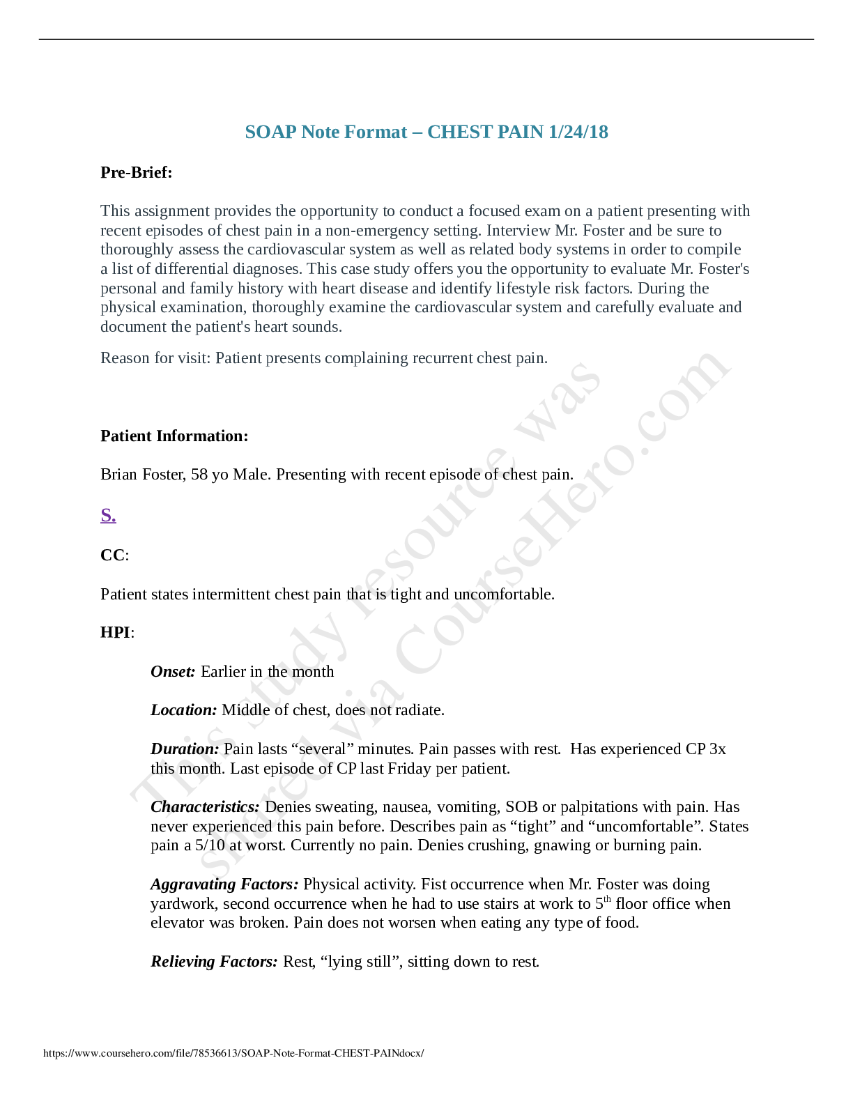 Preview of SOAP Note Format CHEST PAIN
